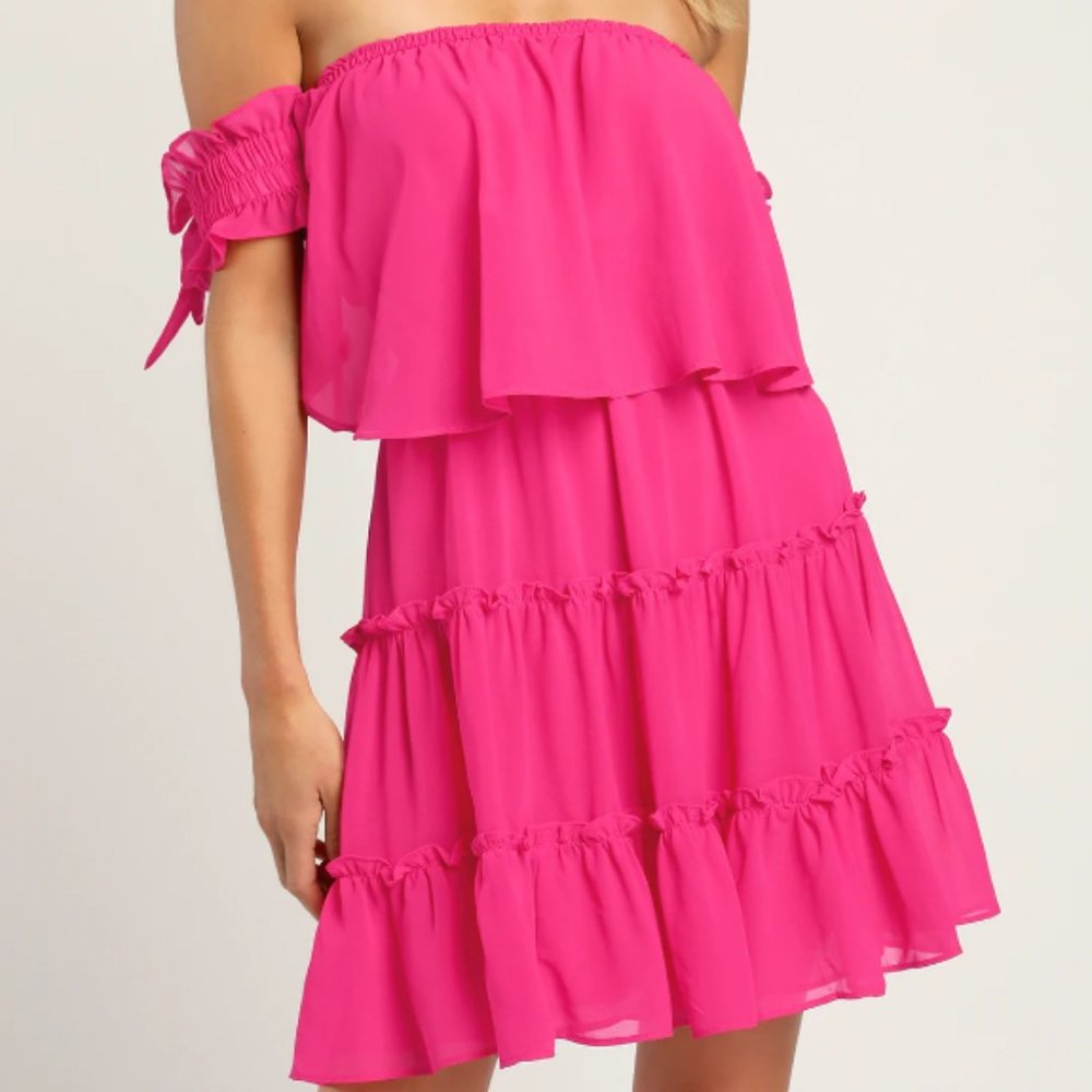 NWT Lulus Tiers to My Heart Hot Pink Off-the-Shoulder Ruffled Mini Dress